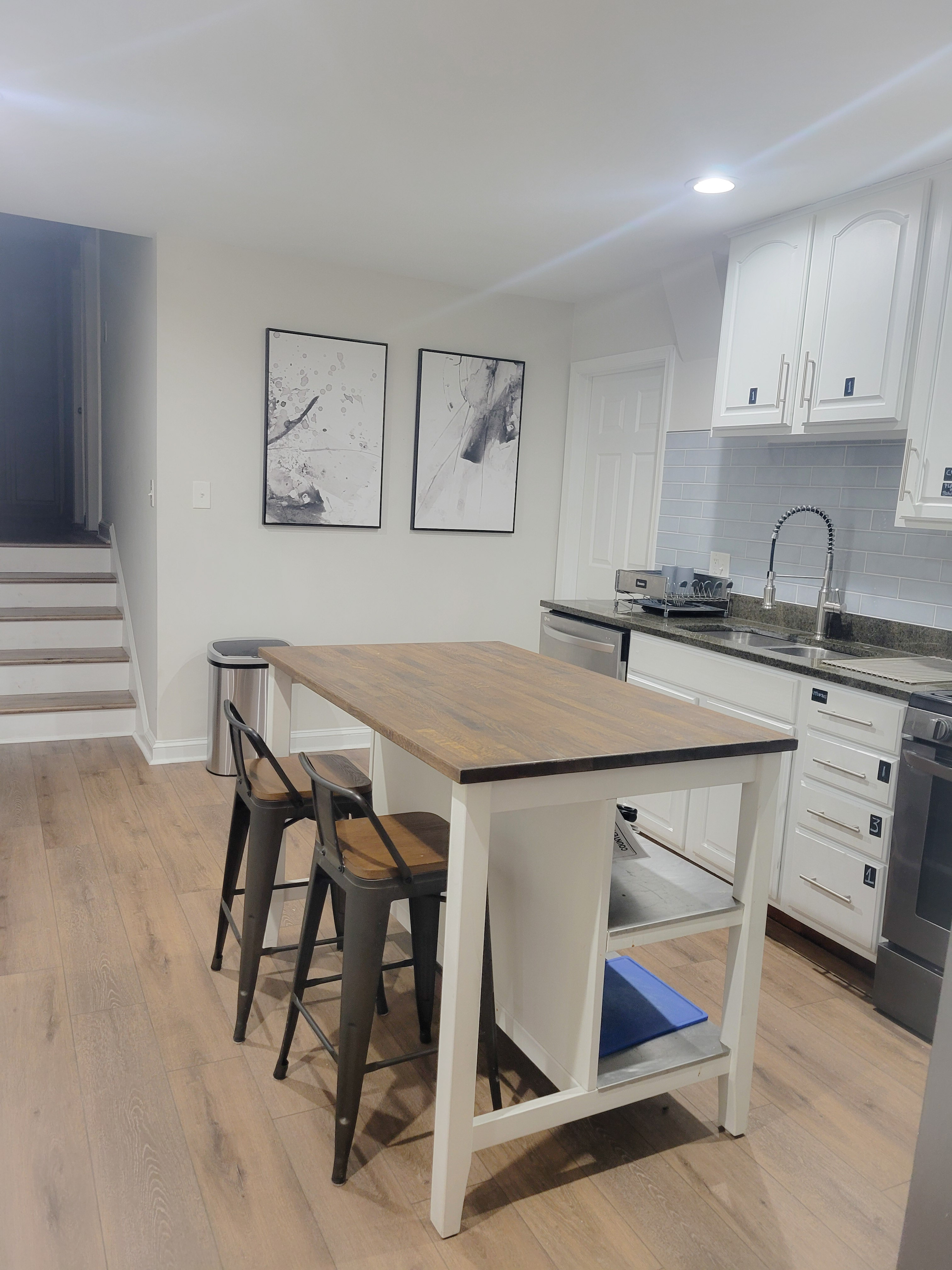 Kitchen island and storage, angled view